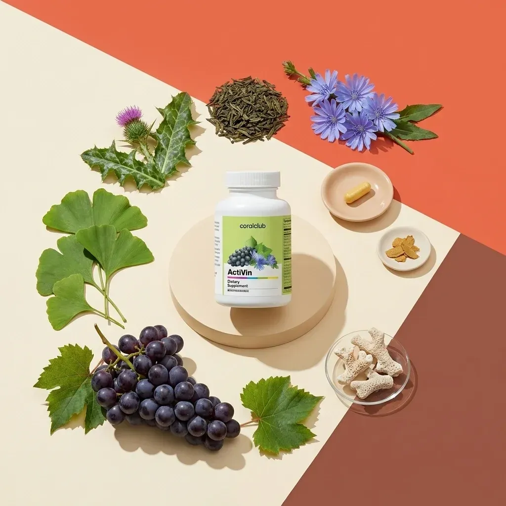 Suplimentul ActiVin înconjurat de ingrediente naturale: struguri, plante și capsule.