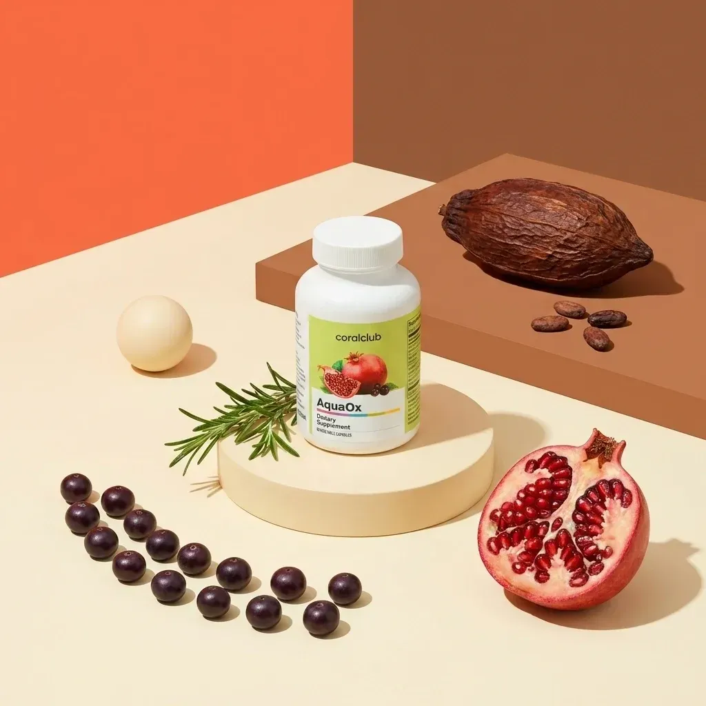 Flaconul AquaOx cu rodie, fructe de pădure și cacao pe fundal minimalist.