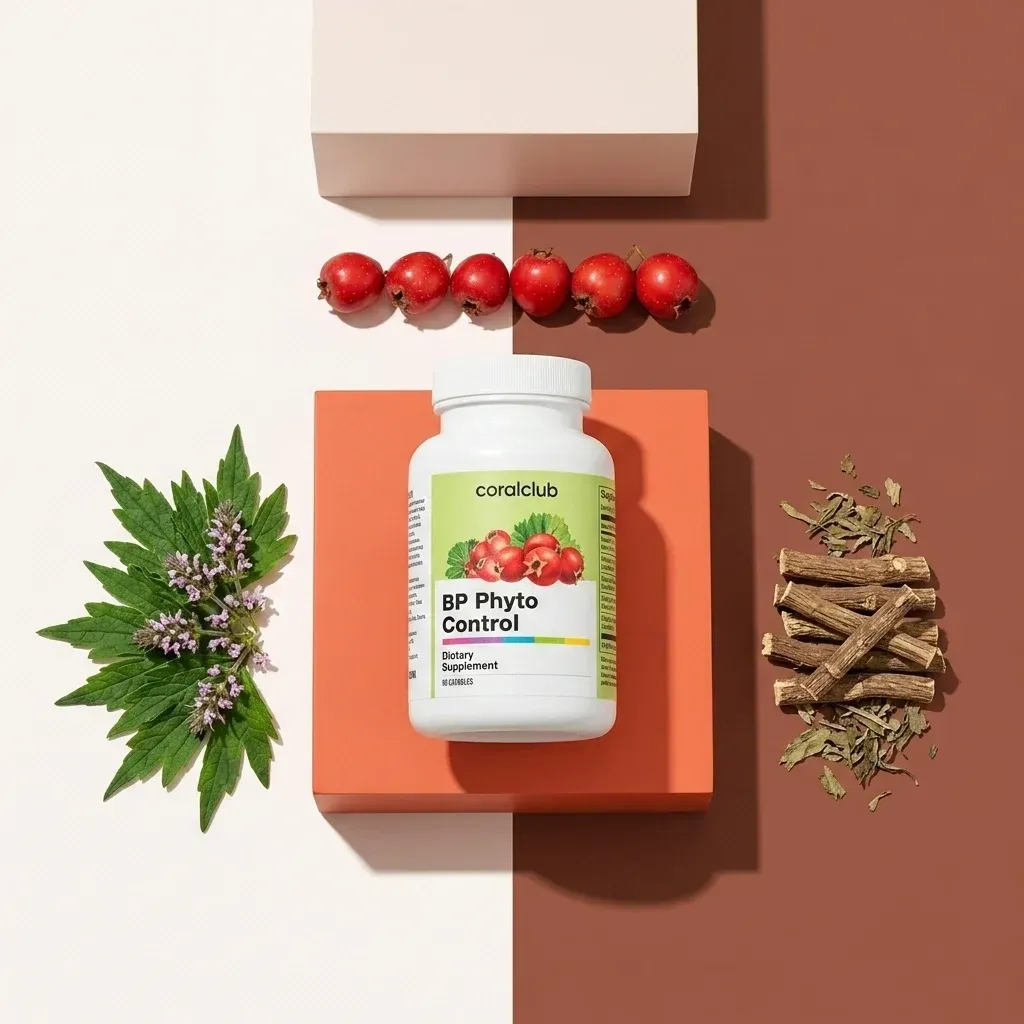 Flaconul BP Phyto Control cu plante și fructe roșii de pădure, pe fundal minimalist.