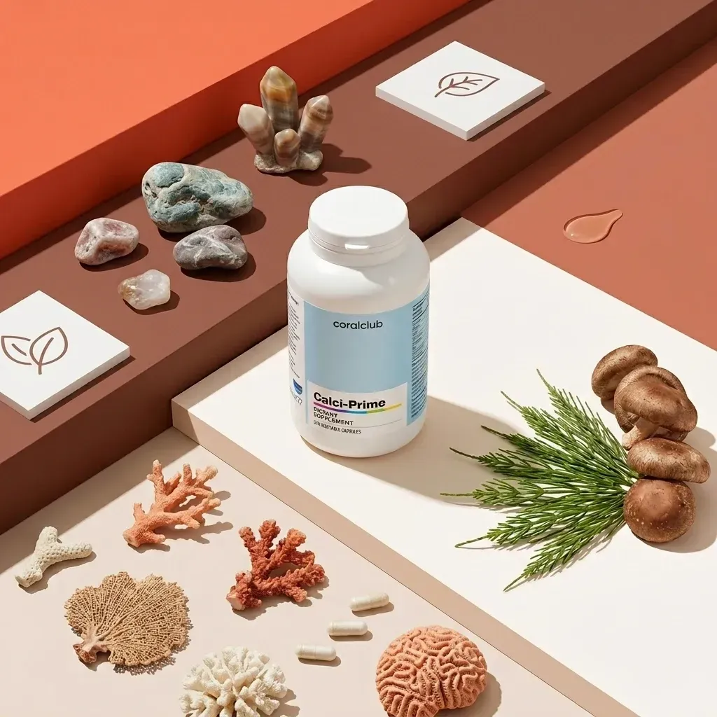 Flaconul Calci-Prime cu ingrediente naturale: corali, ciuperci și alge.