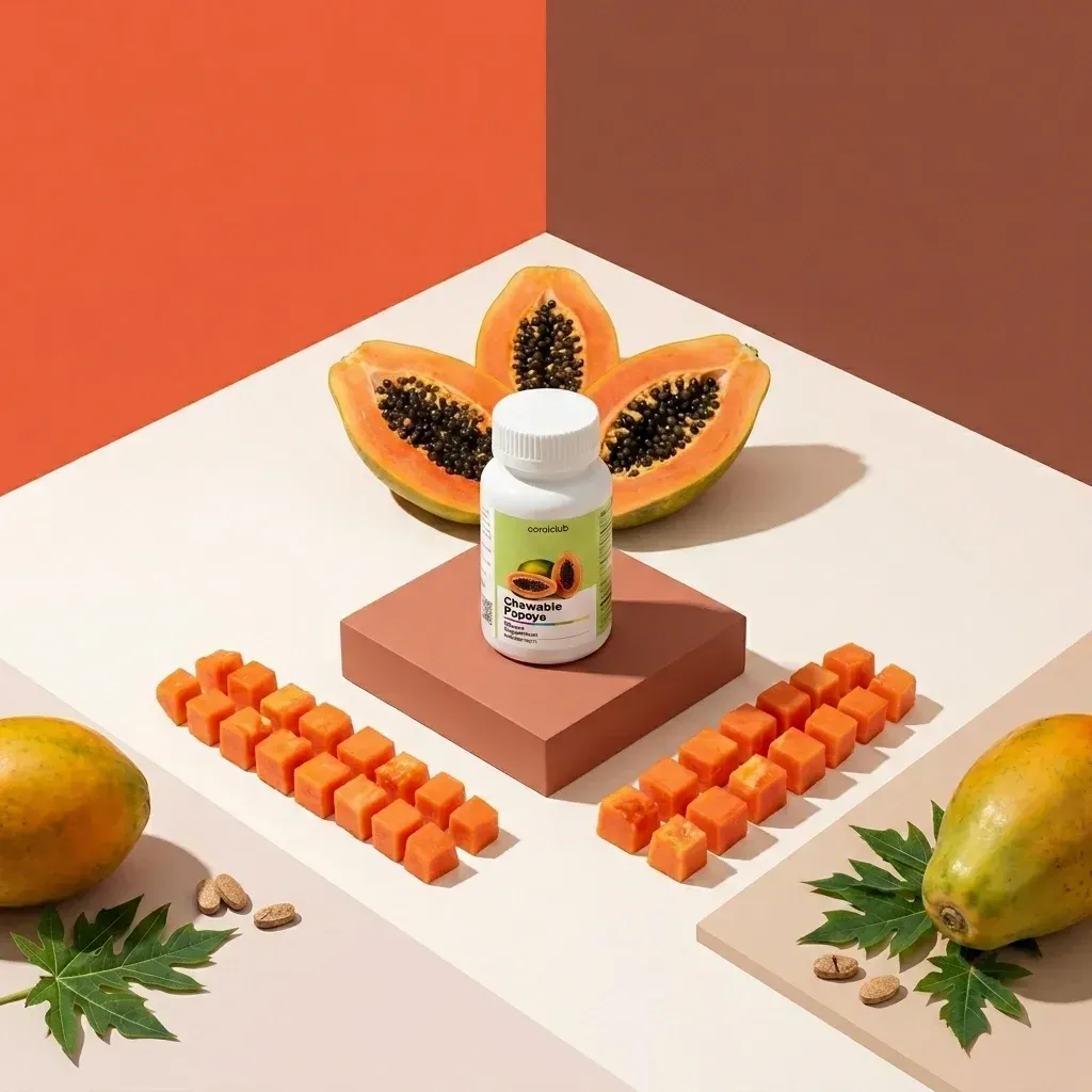 Suplimentul Chewable Papaya cu jumătăți și cuburi de papaya proaspătă.