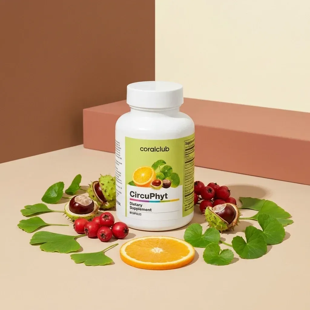 Flaconul CircuPhyt înconjurat de frunze verzi, o felie de portocală și ingrediente naturale.