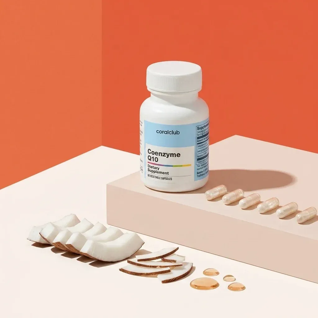 Flaconul Coenzyme Q10 cu capsule moi și felii de nucă de cocos, pe fundal pastelat.