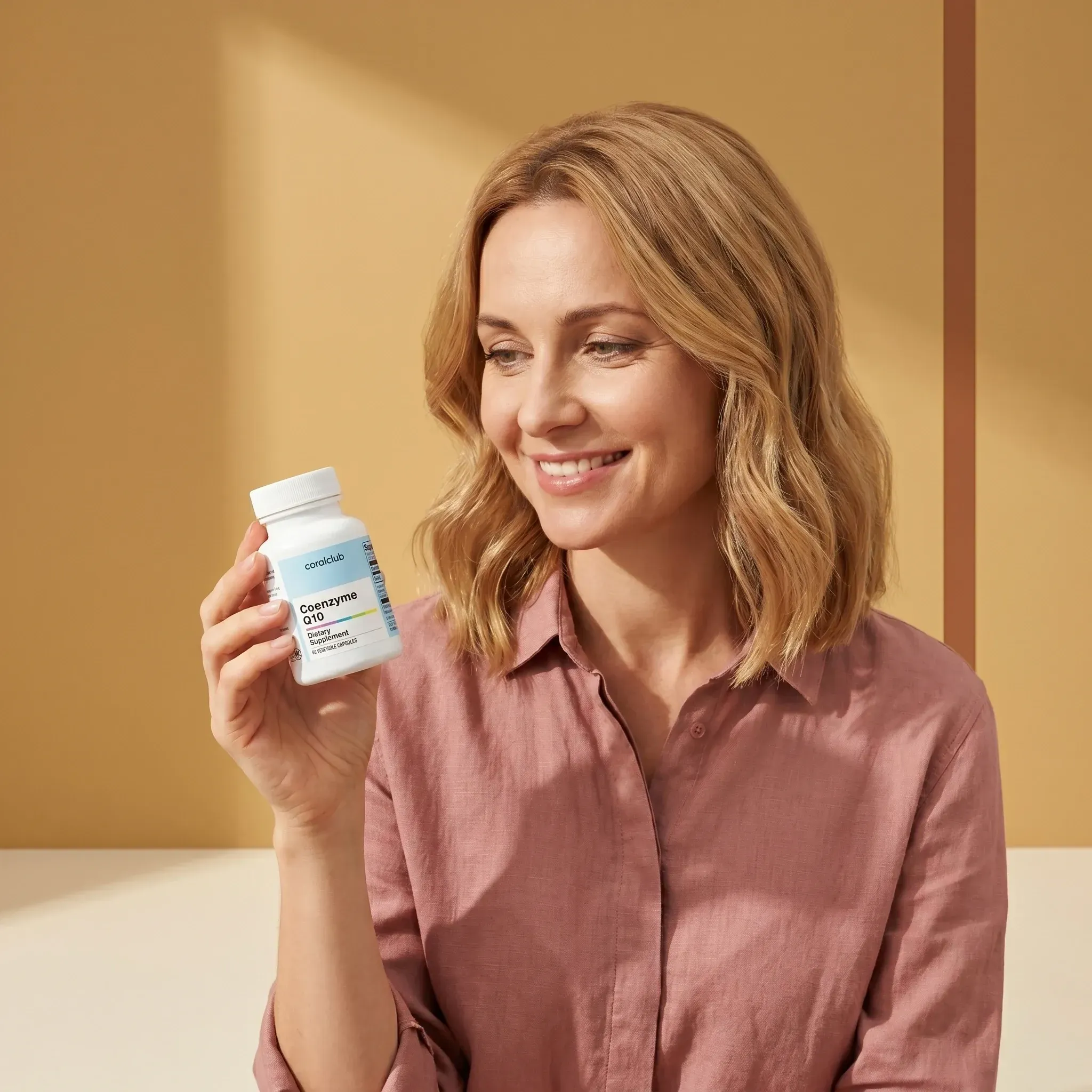 Imagine lifestyle Coenzyme Q10: o femeie ține flaconul de supliment.