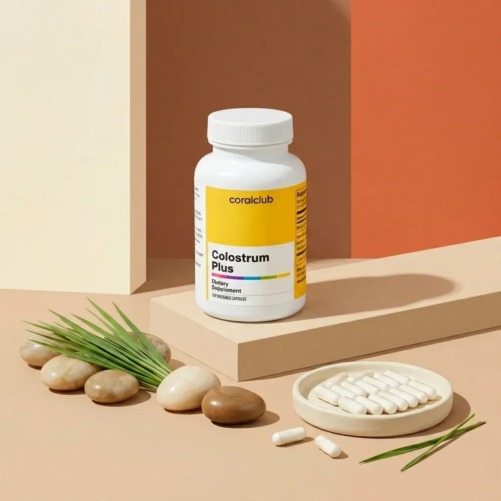 Flaconul Colostrum Plus cu capsule și pietre naturale pe un fundal minimalist.