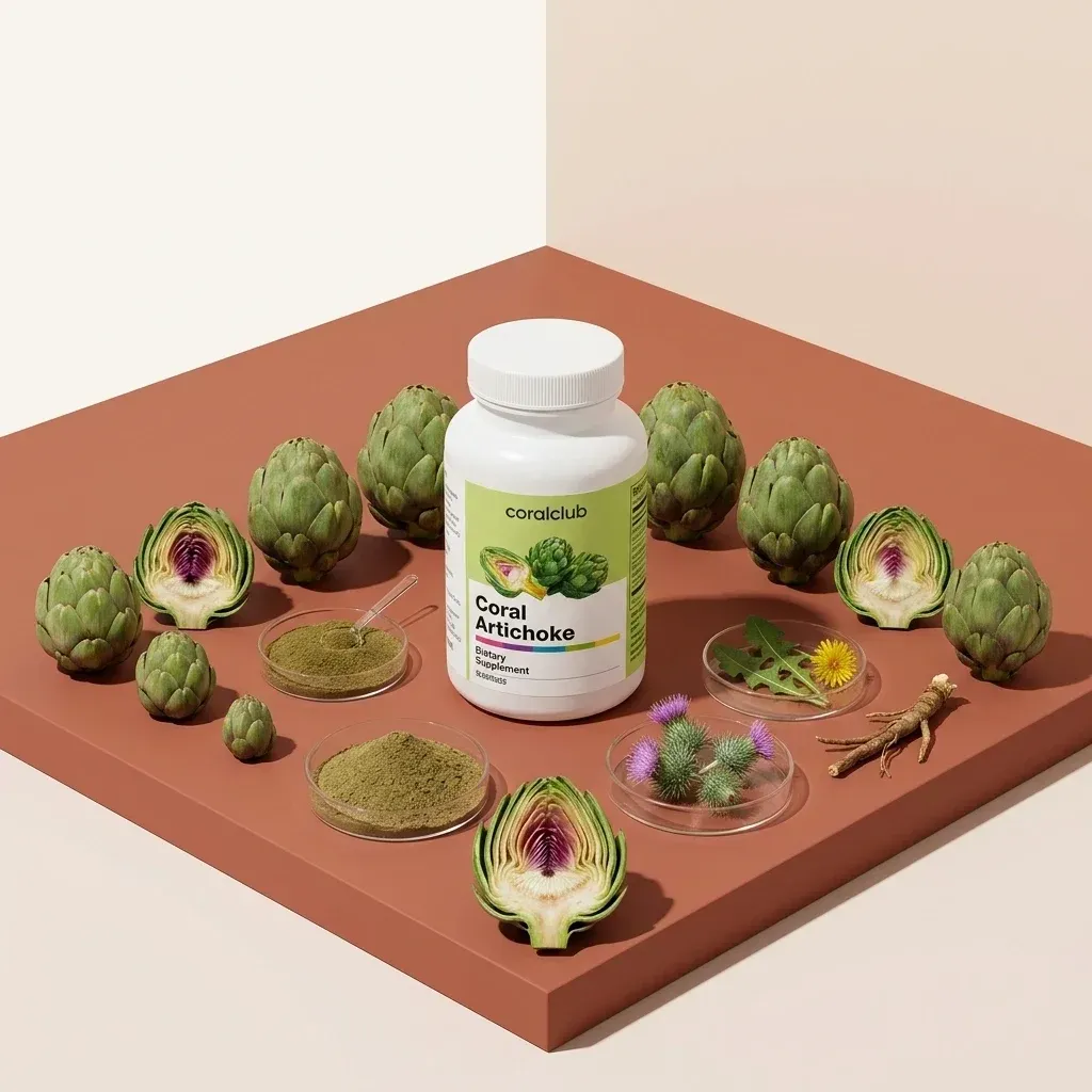Suplimentul Coral Artichoke cu anghinare întreagă și pudră de ingredient.