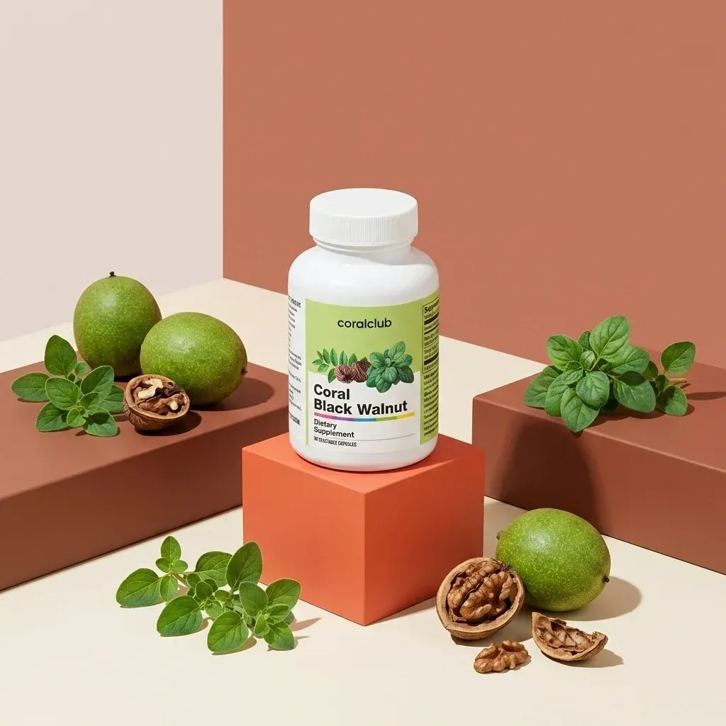 Frunze de Nuc Negru cu oregano de la Coral Club, alături de ingredientele sale