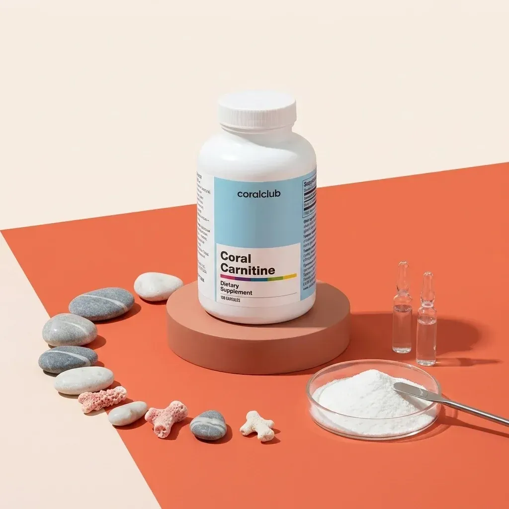 Flaconul Coral Carnitine cu pudră albă și pietre decorative.