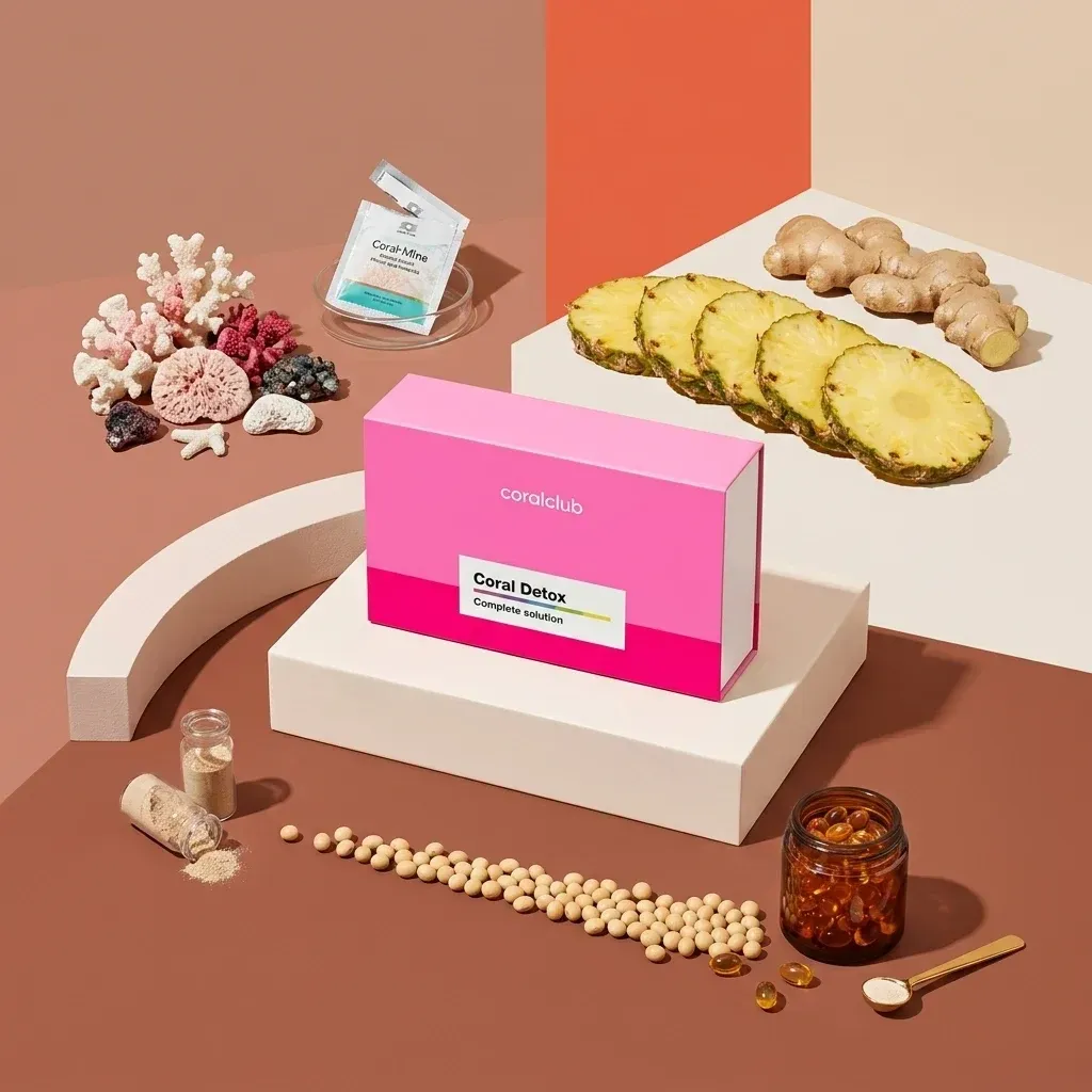Prezentare de ingrediente Coral Detox: corali, ghimbir, ananas și capsule.