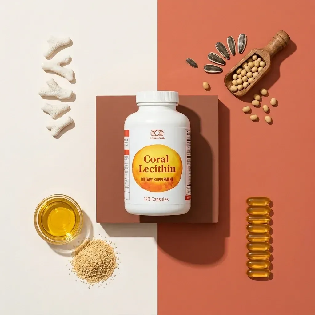 Flaconul Coral Lecithin cu capsule și diverse ingrediente naturale.