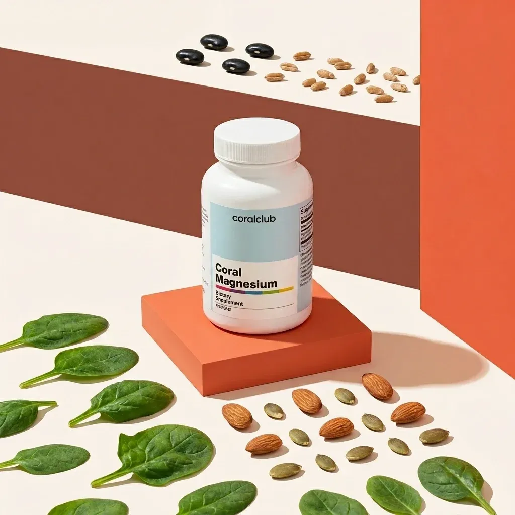 Flaconul Coral Magnesium cu migdale, semințe și frunze de spanac.