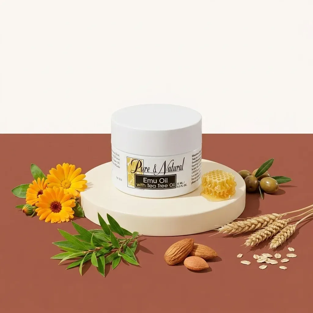 Emu Oil cu ulei de arbore de ceai de la Coral Club, alături de ingredientele sale