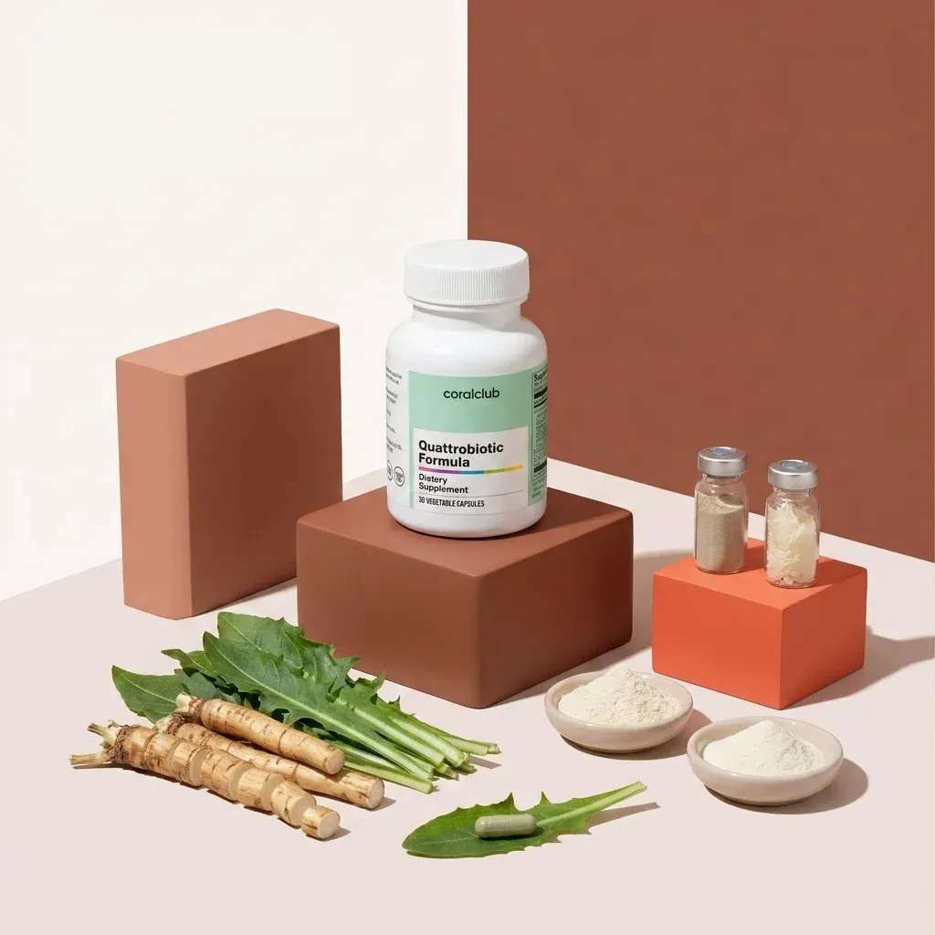 Quattrobiotic Formula de la Coral Club, alături de ingredientele sale