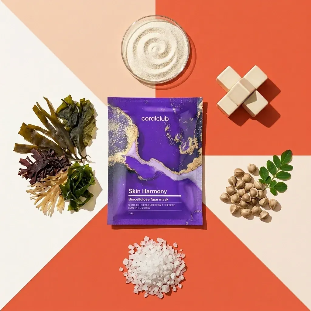 Skin Harmony Biocellulose Facial Mask de la Coral Club, alături de ingredientele sale