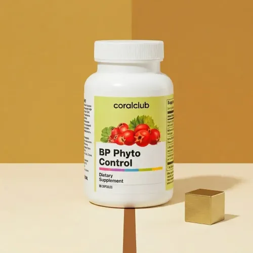 Packshot BP Phyto Control: flacon alb cu grafică de fructe roșii, pe fundal bej.