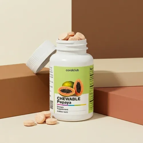 Flaconul Chewable Papaya cu tablete de culoarea piersicii, pe fundal minimalist.