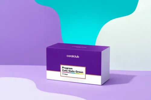 Cutia Program Colo-Vada Green pe fundal pastel violet și turcoaz