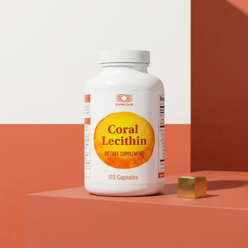 Packshot Coral Lecithin cu 120 de capsule, pe fundal minimalist.
