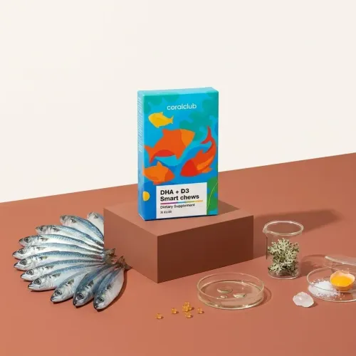 DHA+D3 Smart Chews de la Coral Club, alături de ingredientele sale