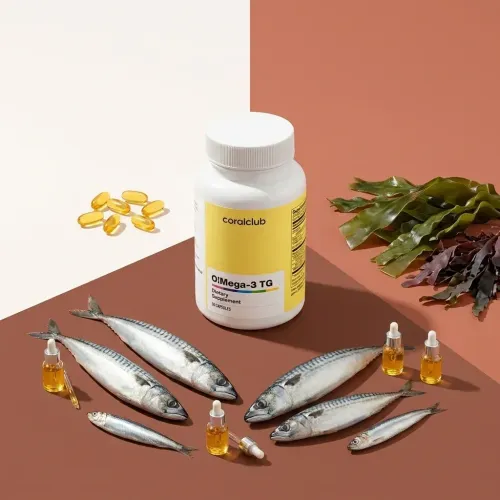 O!Mega-3 TG de la Coral Club, alături de ingredientele sale