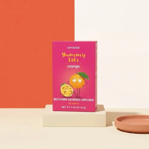 Ambalajul Yummy Vits cu aromă naturală de portocale de la Coral Club